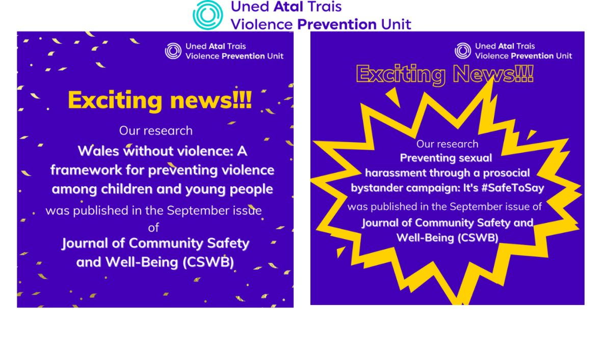 2 posters side by side with the wording Exciting news our Research has been published in the Journal of Community Safety and Well-Being (CSWB)